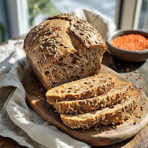 May include: A loaf of freshly baked bread, sliced and ready to serve, sits on a wooden cutting board. The bread is covered in seeds and grains. A bowl of red lentils is in the background, next to a white cloth.