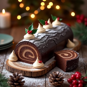 May include: A chocolate Yule log cake with a spiral filling, decorated with cream, holly, and red berries. The cake is on a wooden board, dusted with icing sugar, with a cut slice alongside.