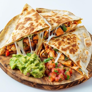 Puede incluir: Tres cuñas de quesadilla con queso derretido, pollo y verduras se presentan en una tabla de madera. Se sirve guacamole y pico de gallo. Las quesadillas tienen un exterior dorado y tostado.