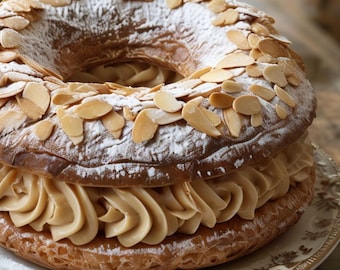 Meilleure recette française traditionnelle de Paris-Brest - Authentique pâtisserie à la crème pralinée aux amandes grillées (téléchargement numérique)