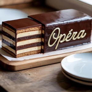 Könnte beinhalten: Ein rechteckiger Operakuchen mit glänzendem Schokoladenguss und dem Wort "Opéra" in weißer Schrift. Der Kuchen ist angeschnitten und zeigt Schichten aus Kuchen, Creme und Schokolade. Er liegt auf einem Holzbrett.