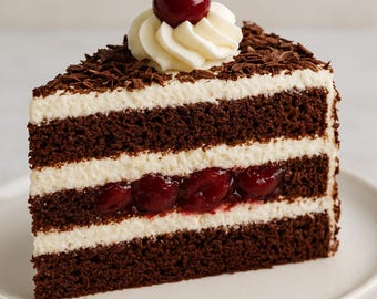 May include: A slice of Black Forest cake on a white plate. The cake features layers of dark chocolate cake, white cream, and cherries. It is topped with whipped cream, a cherry, and chocolate shavings.