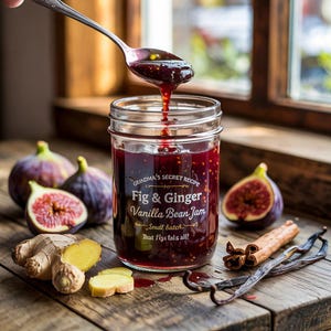 Può includere: Un barattolo di vetro pieno di marmellata di fichi e zenzero alla vaniglia di colore rosso scuro. Il barattolo ha un'etichetta bianca con il testo "Grandma's Secret Recipe Fig & Ginger Vanilla Bean Jam Small Batch... That fig-tastic all!"