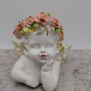Vintage small white angel, Angel with roses, Decoration Angel.