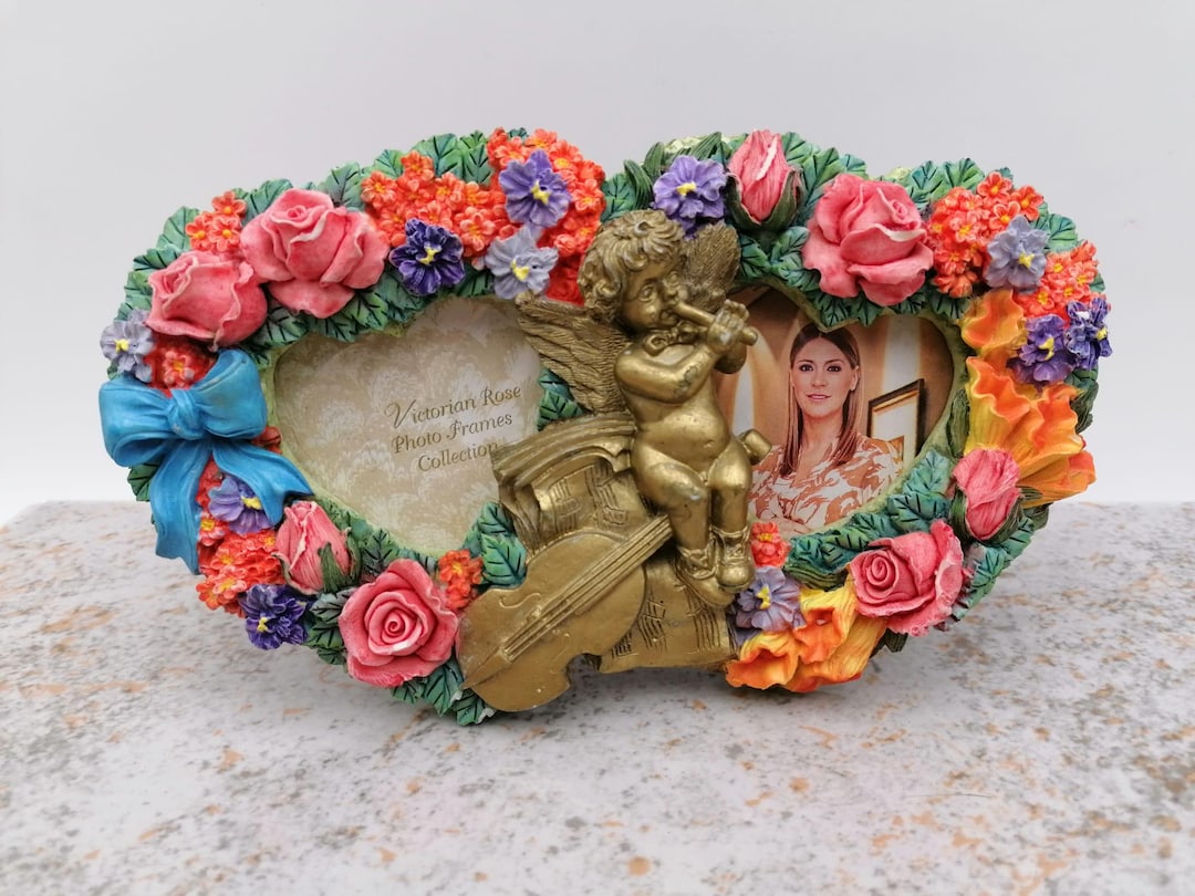 Vintage Photo Frame With Flowers, Double Frame, Heart-shaped Peals With ...