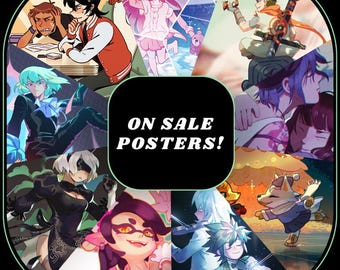 May include: A circular poster design featuring various anime-style illustrations. The central black shape reads "ON SALE POSTERS!". The surrounding images showcase characters in dynamic poses, with a range of colors and styles, including a character in a red jacket.