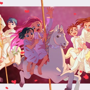 May include: An illustration of children riding a carousel with white horses. The children are wearing white outfits and are smiling. The background is a gradient of pink and red, with red heart-shaped confetti.