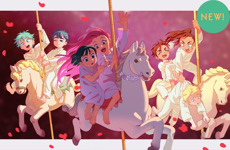 May include: An illustration of children riding a carousel with white horses. The children are wearing white outfits and are smiling. The background is a gradient of pink and red, with red heart-shaped confetti.