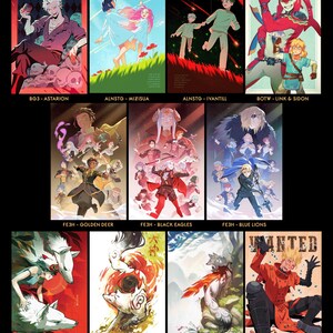 May include: A collection of colorful art prints featuring various anime and video game characters. The prints showcase characters from games like "The Legend of Zelda" and "Baldur's Gate 3", and anime like "Princess Mononoke". Each print has a unique design and color scheme.