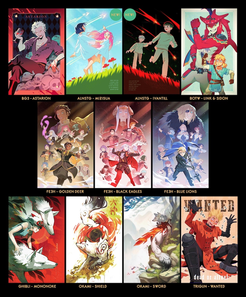 May include: A collection of colorful art prints featuring various anime and video game characters. The prints showcase characters from games like "The Legend of Zelda" and "Baldur's Gate 3", and anime like "Princess Mononoke". Each print has a unique design and color scheme.