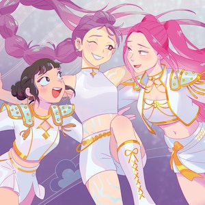 May include: Illustration of three young women in white and gold outfits, with pink and purple hair, smiling and laughing. The image has a light purple and white background with a green circle that says "NEW!"