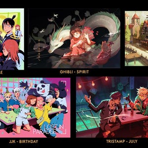 May include: A collection of five colorful anime-style illustrations. The images feature characters from popular anime series, including "Chainsaw Man," "Spirited Away," "Howl's Moving Castle," "Jujutsu Kaisen," and "Tristamp." Each image has a title.
