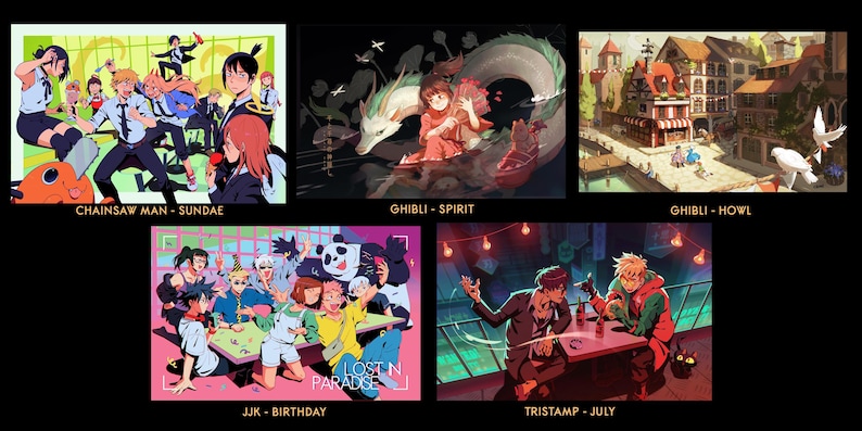 May include: A collection of five colorful anime-style illustrations. The images feature characters from popular anime series, including "Chainsaw Man," "Spirited Away," "Howl's Moving Castle," "Jujutsu Kaisen," and "Tristamp." Each image has a title.