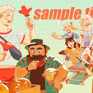 May include: Illustration with the text "sample time" and "NEW!". The image depicts several people, including a man holding a red bird-shaped lollipop, and others in a shopping cart. Pumpkins are in a wooden crate.