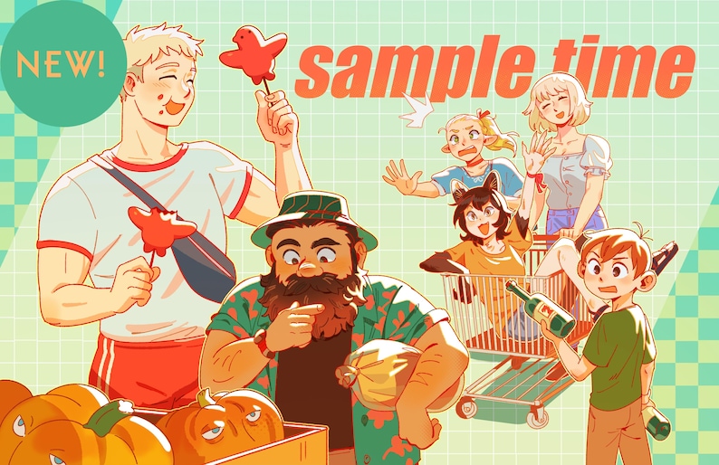 May include: Illustration with the text "sample time" and "NEW!". The image depicts several people, including a man holding a red bird-shaped lollipop, and others in a shopping cart. Pumpkins are in a wooden crate.