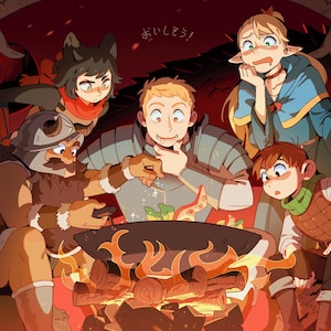 May include: Illustration of a group of cartoon characters gathered around a cooking pot over a fire. The characters have various expressions, and the scene is set in a warm, reddish-brown environment. A green circle with the word "NEW!" is in the upper left corner.