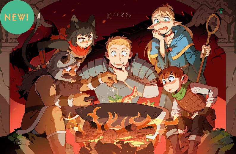 May include: Illustration of a group of cartoon characters gathered around a cooking pot over a fire. The characters have various expressions, and the scene is set in a warm, reddish-brown environment. A green circle with the word "NEW!" is in the upper left corner.