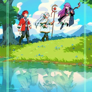 May include: Digital illustration featuring three anime-style characters in a vibrant outdoor setting. One character has red hair and a red jacket, another has long white hair and a staff, and the third has purple hair. The word "NEW!" is in a green circle.