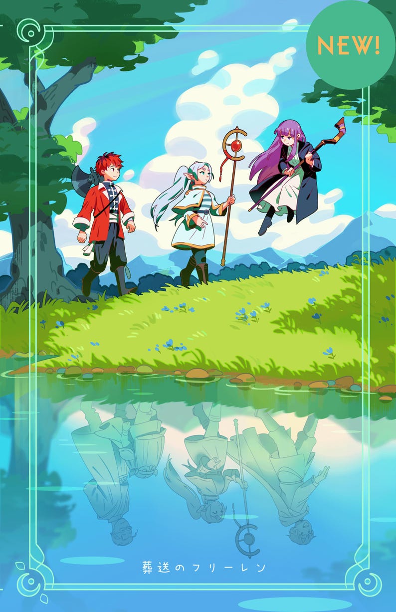 May include: Digital illustration featuring three anime-style characters in a vibrant outdoor setting. One character has red hair and a red jacket, another has long white hair and a staff, and the third has purple hair. The word "NEW!" is in a green circle.