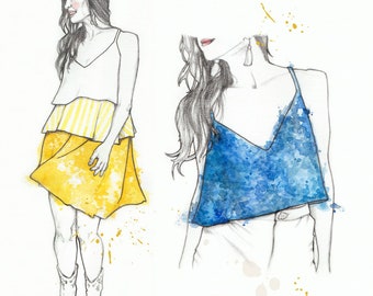 Roksi Trio PDF sewing pattern for petite women reversible dress, tank, crop top summer style swing dress, tiered dress, layered diy fashion