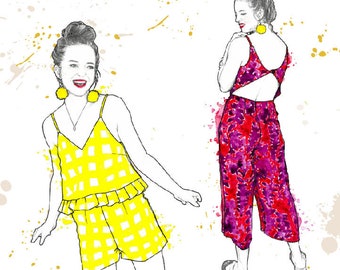 Audie Playsuit PDF sewing pattern for petite women jumpsuit with princess seams, spaghetti straps, pockets, straight legs, ankle cropped