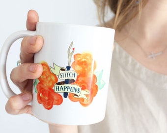 STITCH HAPPENS MUG coffee mug funny sewing gift love to sew seam ripper quote saying watercolor print tea cup quilting gift printed mug