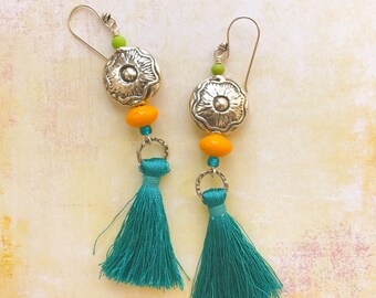 Dark Turquoise Blue Tassel Earrings Beaded Dangle Silver Tone Pewter Flower Concho Yellow Teal Southwestern Boho Western Cowgirl Gypsy Long