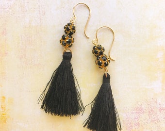 Long Black Silk Tassel Earrings with Black Rhinestone Swarovski Crystal Balls Statement Earrings Fringe Glam Boho Chic Runway Black Tie