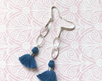 Sterling Silver Chain and Denim Blue Tassel Dangle Earrings Boho Gypsy Classic Long Casual Navy Drop Everyday Jewelry Under 25 Lightweight