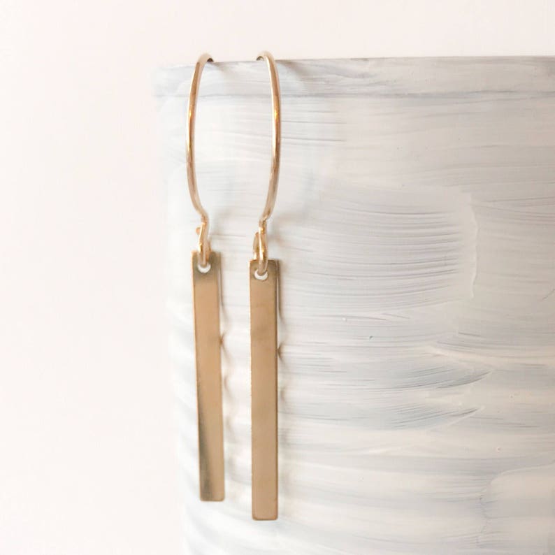 Simple Thin 14kt Gold Filled Bar Dangle Earrings Rectangle Drop Small Slim Modern Shiny Everyday Classic Lightweight Under 20 Gift for Women image 2