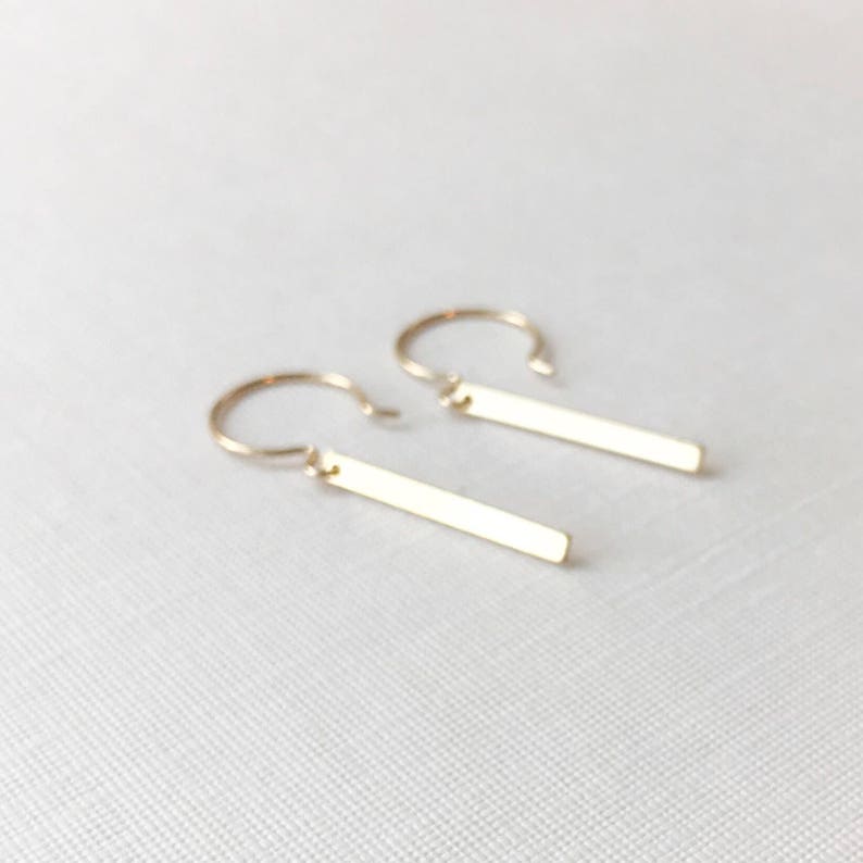 Simple Thin 14kt Gold Filled Bar Dangle Earrings Rectangle Drop Small Slim Modern Shiny Everyday Classic Lightweight Under 20 Gift for Women image 5