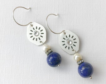 Vintage Watch Face Assemblage Dangle Earrings Silver Rhinestone Pearl Blue Lapis Lazuli Sterling Silver Beaded Drops Unique Repurposed OOAK