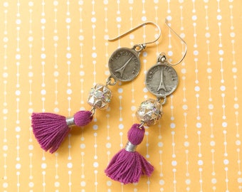 Vintage Silver Tone French Charm Purple Tassels Rhinestones Dangle Earrings Paris Eiffel Tower Boho Chic Glam Gypsy Repurposed Beaded