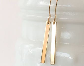 Simple Thin 14kt Gold Filled Bar Dangle Earrings Rectangle Drop Small Slim Modern Shiny Everyday Classic Lightweight Under 20 Gift for Women