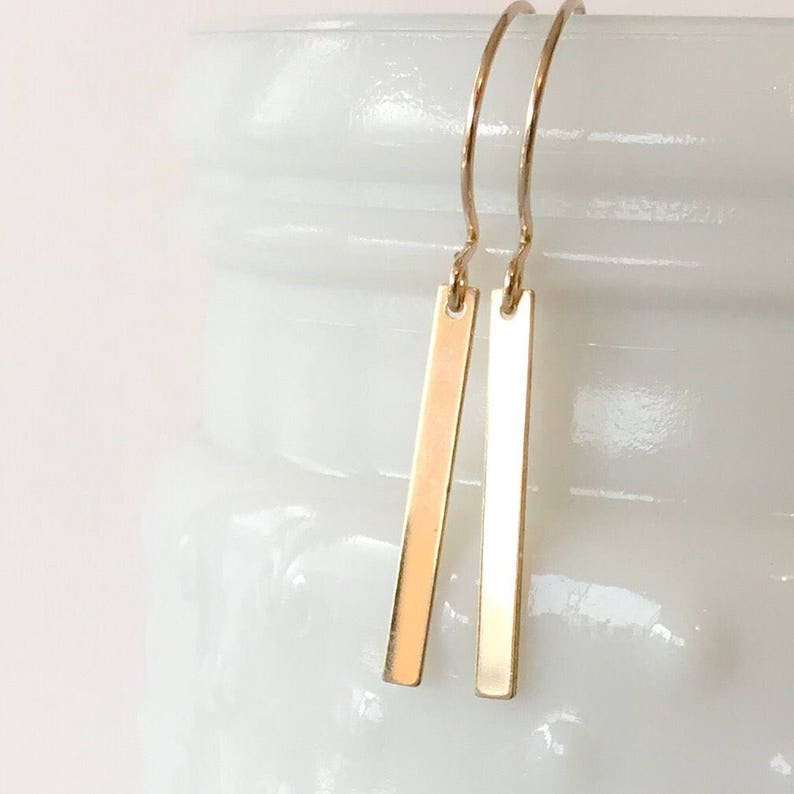 Simple Thin 14kt Gold Filled Bar Dangle Earrings Rectangle Drop Small Slim Modern Shiny Everyday Classic Lightweight Under 20 Gift for Women image 1