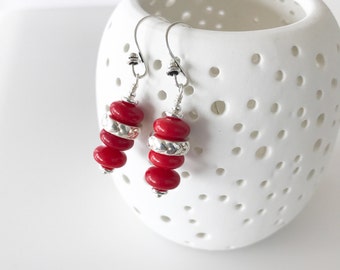 Valentine's Day Gift, Red Dangle Earrings, Sterling Silver Heart Earrings, Under 25, Galentine Gift for Girlfriend Women