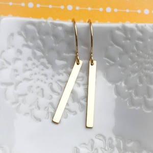 Simple Thin 14kt Gold Filled Bar Dangle Earrings Rectangle Drop Small Slim Modern Shiny Everyday Classic Lightweight Under 20 Gift for Women image 3