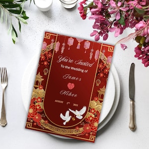 Faire-part de mariage chinois modifiables, Carte de mariage asiatique, Carton d'invitation chinois moderne, Double bonheur, Mariage à destination, Modifiable