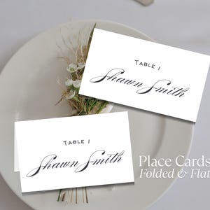 Plantilla de tarjetas de lugar, tarjeta imprimible con nombre de mesa plana y plegable, etiqueta elegante para nombre de cena, tarjetas de lugar para asientos de boda