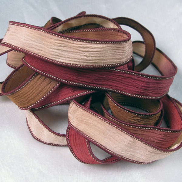 Hand Dyed Silk Ribbon - Crinkle Silk Jewelry Bracelet Fairy Ribbon - Quintessence - Deep red, brown tan - Sedona