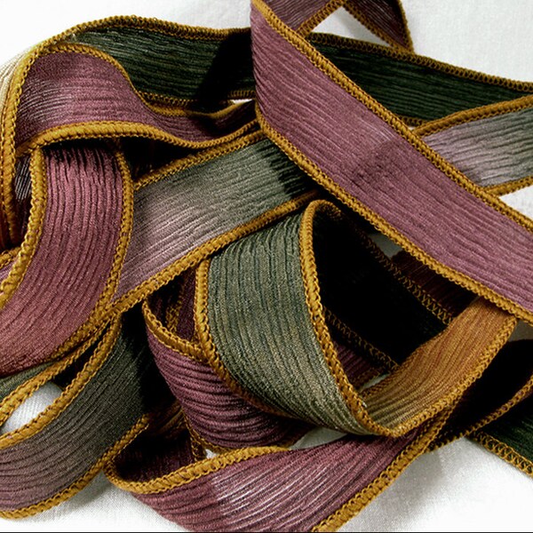 Silk Ribbon, Hand Dyed Silk Ribbons, Hand Painted Bracelet, Olive Copper, Silk Wrist Wrap, Fairy Ribbons - Rustic Autumn
