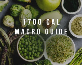 Może przedstawiać: Zbliżenie na różnorodne zielone warzywa i zioła, w tym brokuły, szparagi, groszek, kiełki i awokado. Tekst "1700 CAL MACRO GUIDE" jest napisany na białym tle na ciemnym tle.