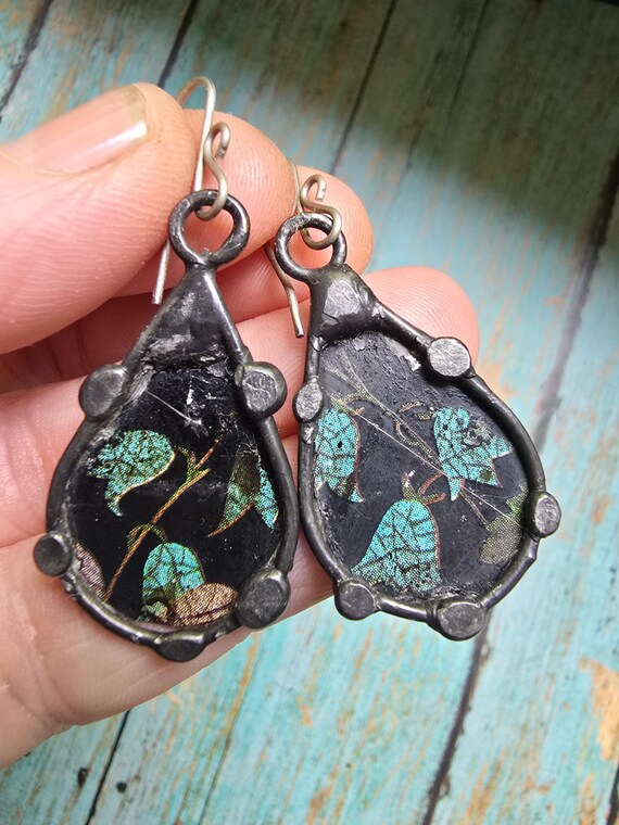 Moonlit Garden And Celestial Enchanted Vintage Tin Soldered Dangle Earrings - Recylced Metal
