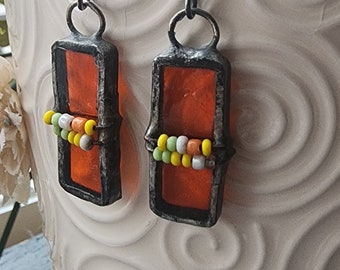 Stained Glass Earrings/Art Glass/Soldered Jewelry/Suncatcher Earrings/Recycled Glass Earrings/Orange Glass