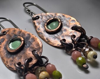 Willow Green and Peach Rustic Hammered Copper Dangle Earrings Enameled