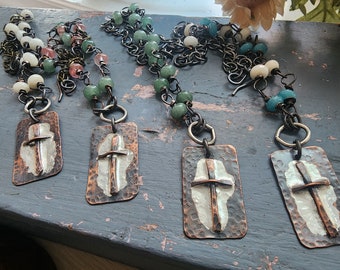 Old Rugged Cross Soldered Beaded Necklace/Rustic Cross Necklace