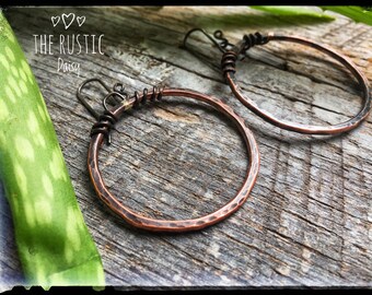 Rustic Hammered Copper Hoop Mixed Metal Earrings