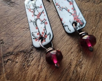 Cherry Blossom Enamled Earrings/Floral/Torched Enameled Jewelry/Artisian Handmade Jewelry