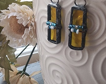 Stained Glass Earrings/Art Glass/Soldered Jewelry/Suncatcher Earrings/Recycled Glass Earrings/Yellow Glass