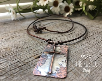 Unisex Rugged Cross Leather Necklace/Rustic Jewlery/Cowgirl/Cowboy/Inspirational Cross Necklace/Soldered Jewelry/Mens Cross Necklace